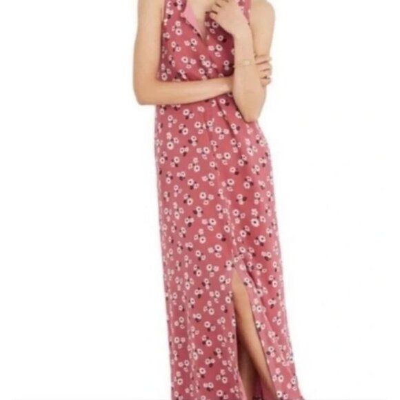 Madewell Maxi‎ Dress Tie Waist Slit Flowy Floral Daisy Sleeveless Pink Mauve XXS - Picture 2 of 14